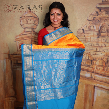 Dharmavaram Pure Pattu (Silk) Saree + Costume Stitching Readymade (Mango Yellow with L Blue)