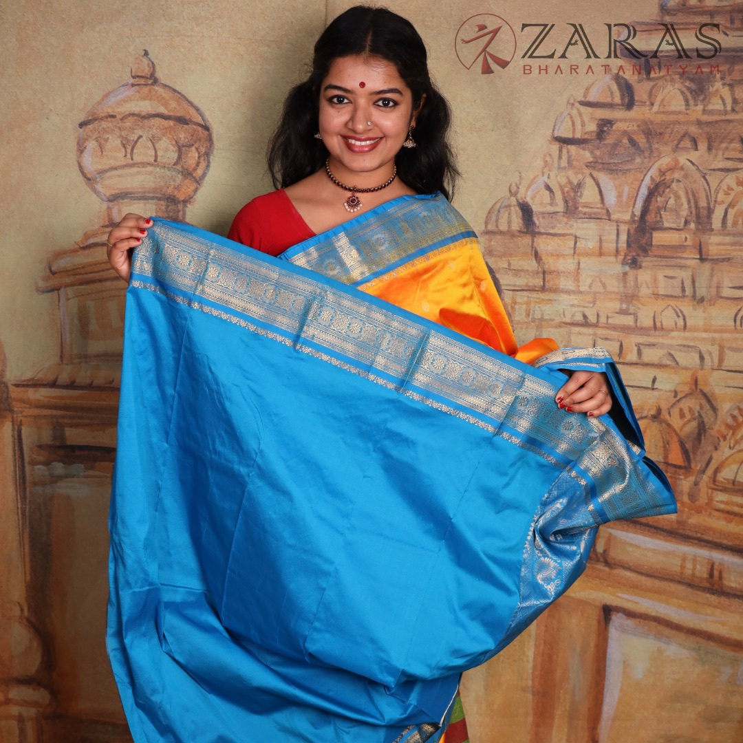 Dharmavaram Pure Pattu (Silk) Saree + Costume Stitching Readymade (Mango Yellow with L Blue)
