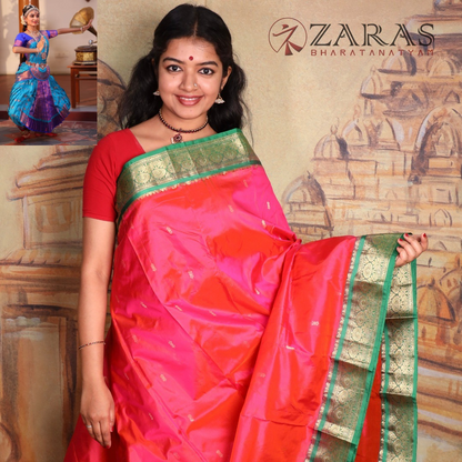 Dharmavaram Pure Pattu (Silk) Saree + Costume Stitching Readymade (Peach pink with Green)