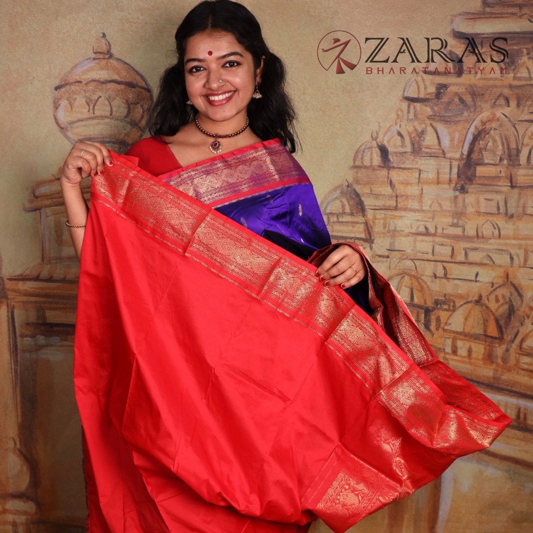 Dharmavaram Pure Pattu (Silk) Saree + Costume Stitching Readymade (V Blue with Red)