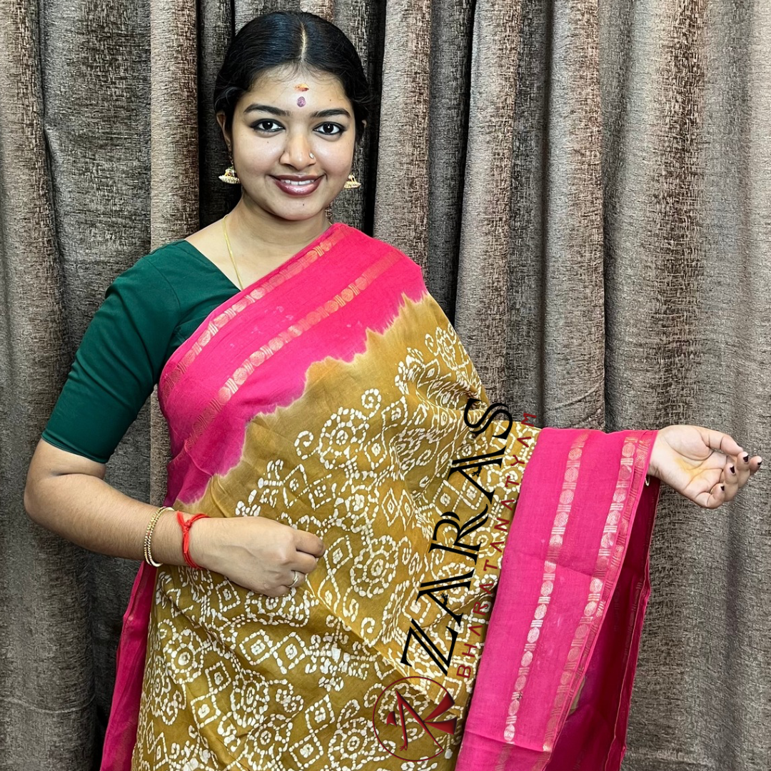 Bharatanatyam Dance Practice Saree - Sandal with Pink Bandini Saree image 0