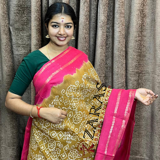 Bharatanatyam Dance Practice Saree - Sandal with Pink Bandini Saree image 0