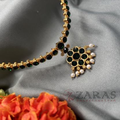 Bharatanatyam Dance Jewellery - Necklace 1 Line Attigai & Flower Green Stone image 0