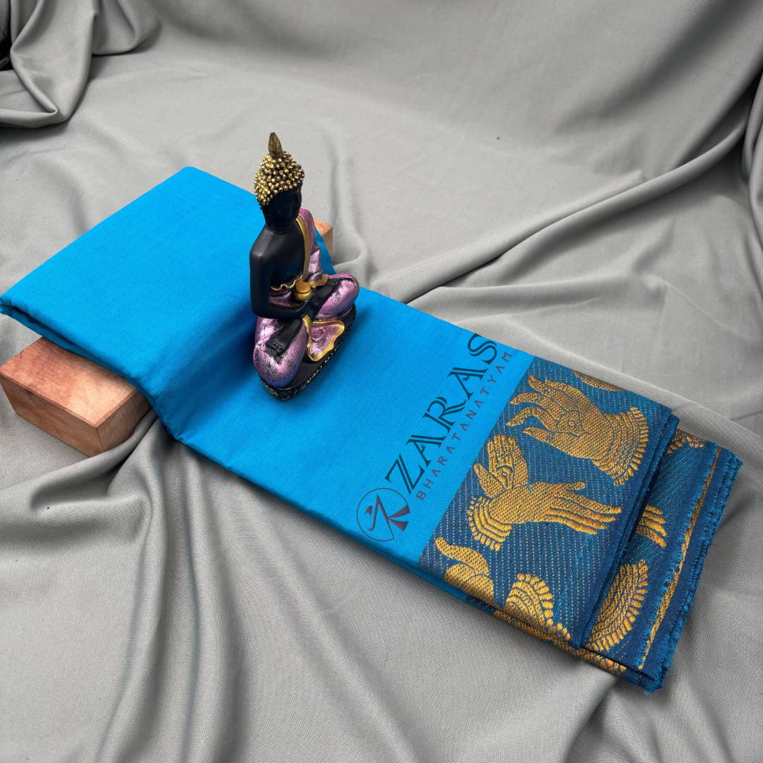 Bharatanatyam Dance Practice Saree - L Blue With Gold Mudra Border image 1