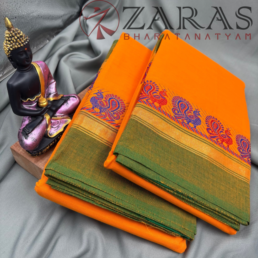 Bharatanatyam Dance Practice Saree - Mango Yellow Green Small Peacock Border image 2