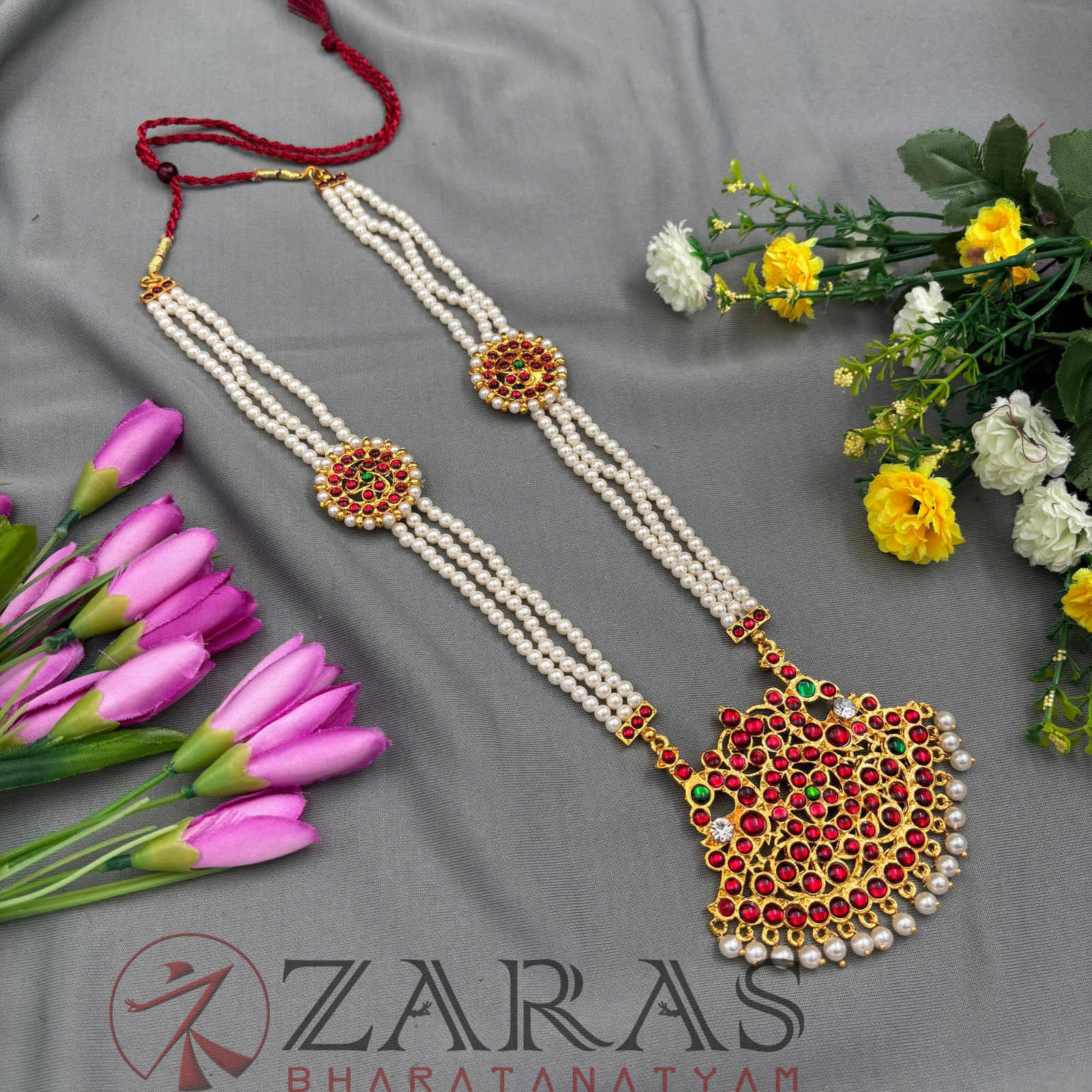 Bharatanatyam Dance Jewellery - Haaram 3 Line Beads Pakad Design RG Kemp image 2