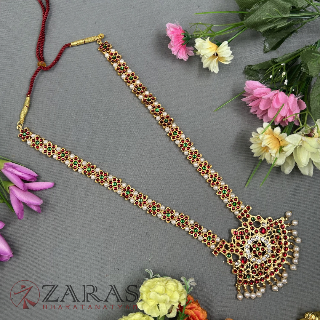 Bharatanatyam Dance Jewellery - Flower Pearls CS RG Kemp Haaram / Long Chain image 0