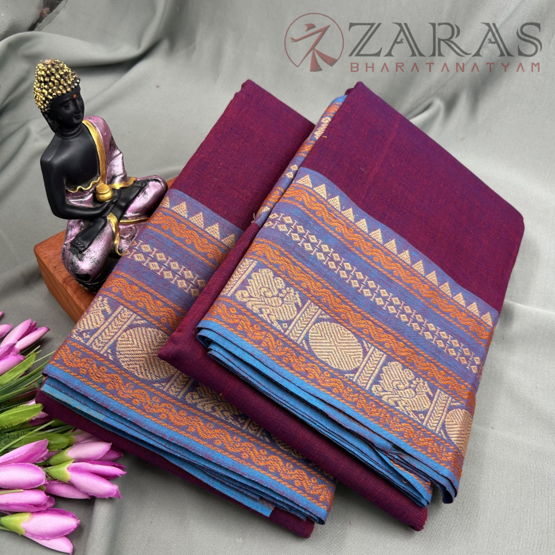 Bharatanatyam Dance Practice Saree - Wine with Blue Temple Border (6 mtr) image 1