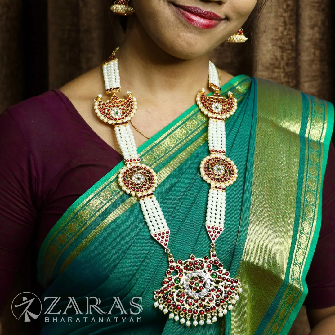 Bharatanatyam Dance Jewellery - 4 Lines Beads Sun & Moon RG Kemp Haaram / Long Chain image 0