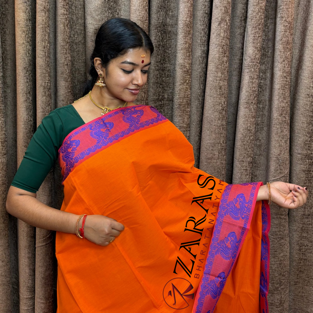 Bharatanatyam Dance Practice Saree - Orange Blue Peacock Border image 0