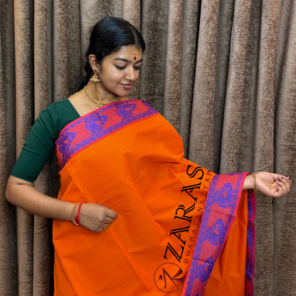 Bharatanatyam Dance Practice Saree - Orange Blue Peacock Border image 0