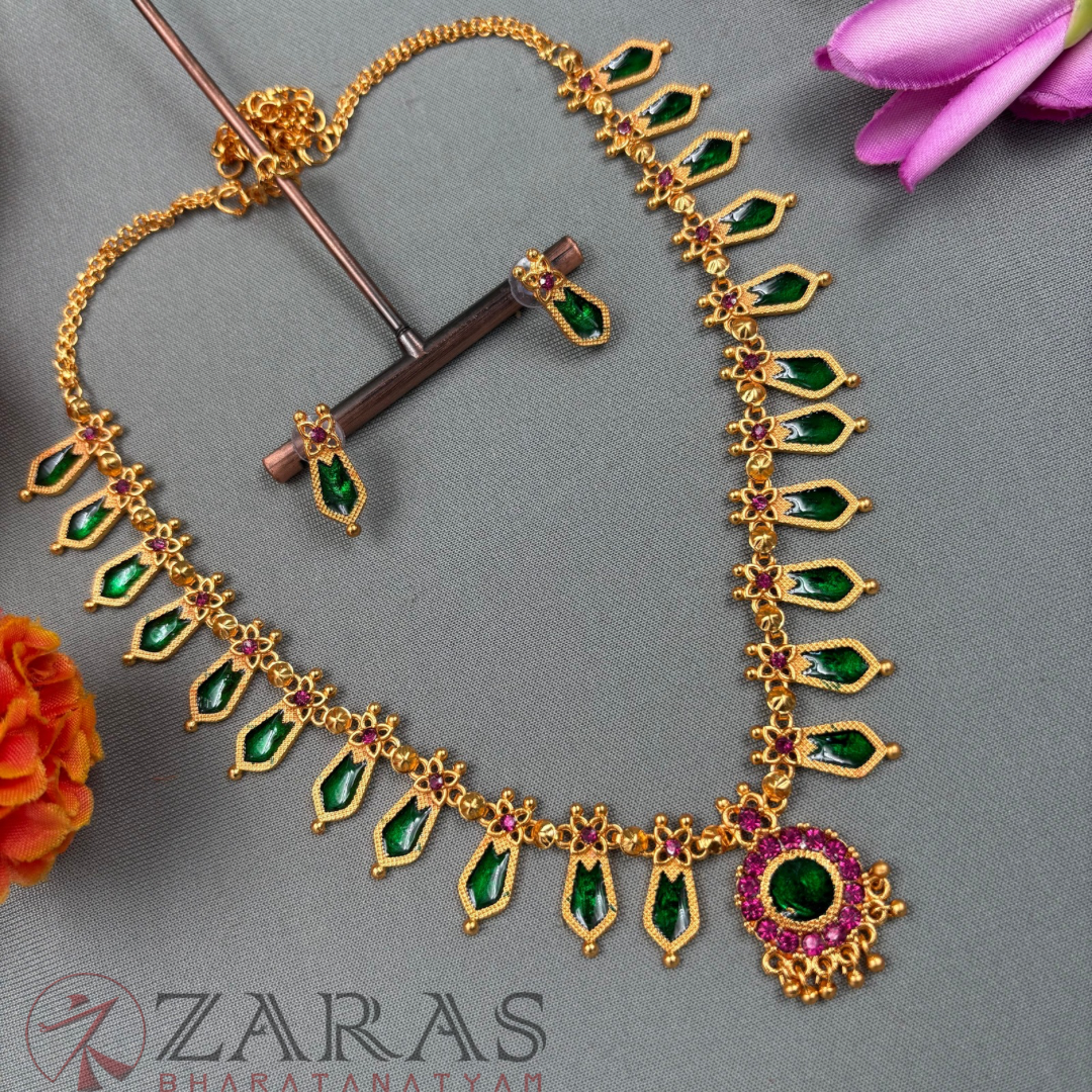 Bharatanatyam Dance Jewellery Haaram - Round V Enamal Maalai / Stort Haaram with Kammal image 2
