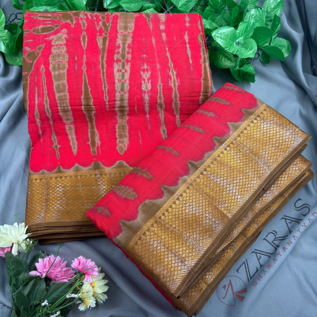 Bharatanatyam Dance Practice Saree - Red with Sandal Double color Saree with Blouse Material image 1