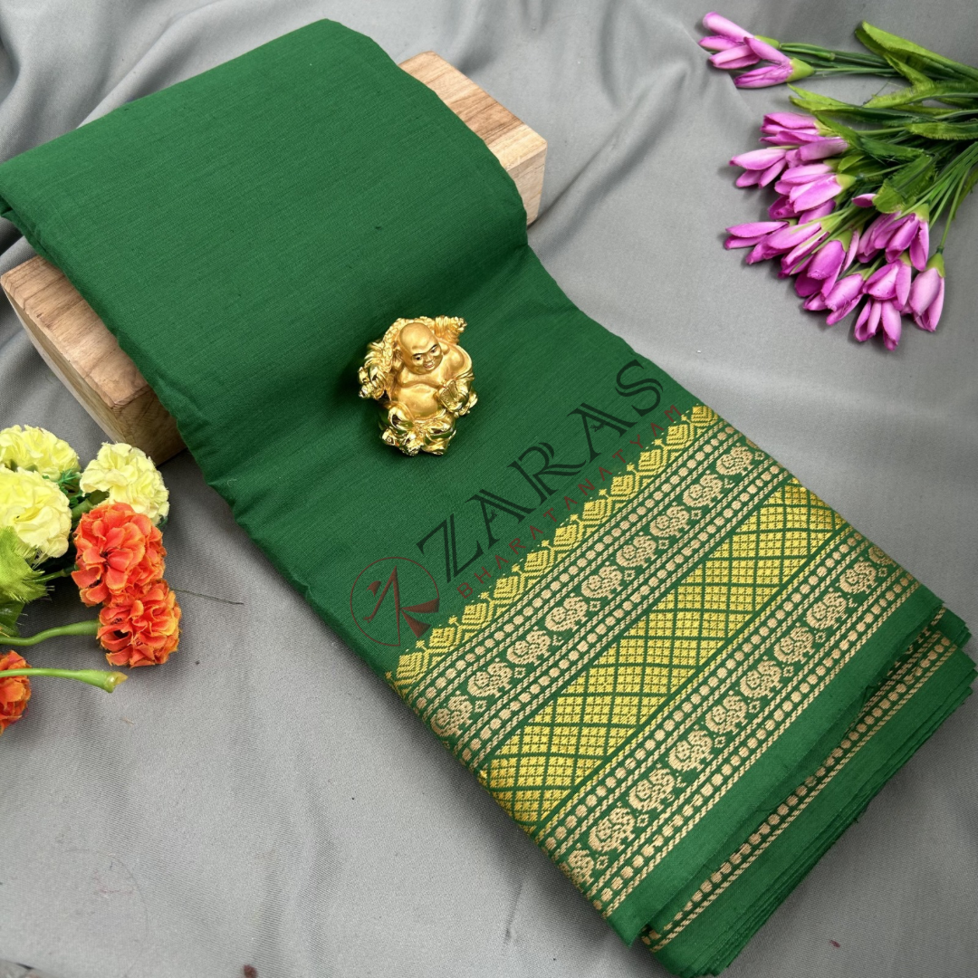 Bharatanatyam Dance Practice Saree - Green with Gold S Peacock Border image 0