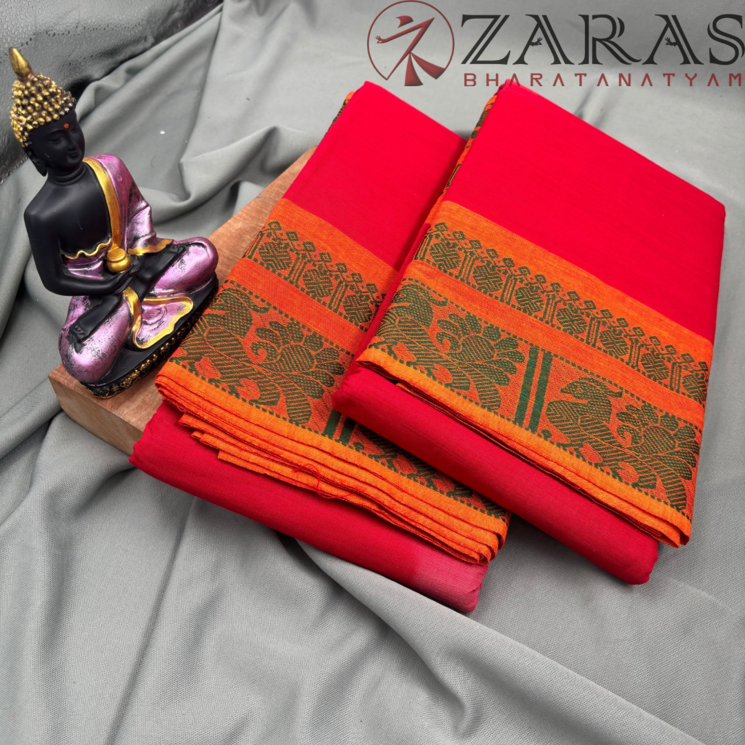 Bharatanatyam Dance Practice Saree - Red Mus Green Big Peacock Border image 2