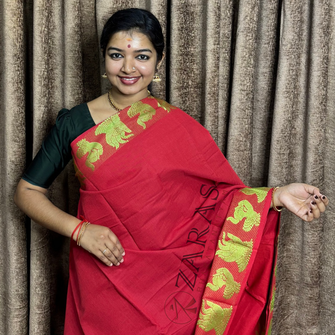 Bharatanatyam Dance Practice Saree - Red Green Mudra Border image 0
