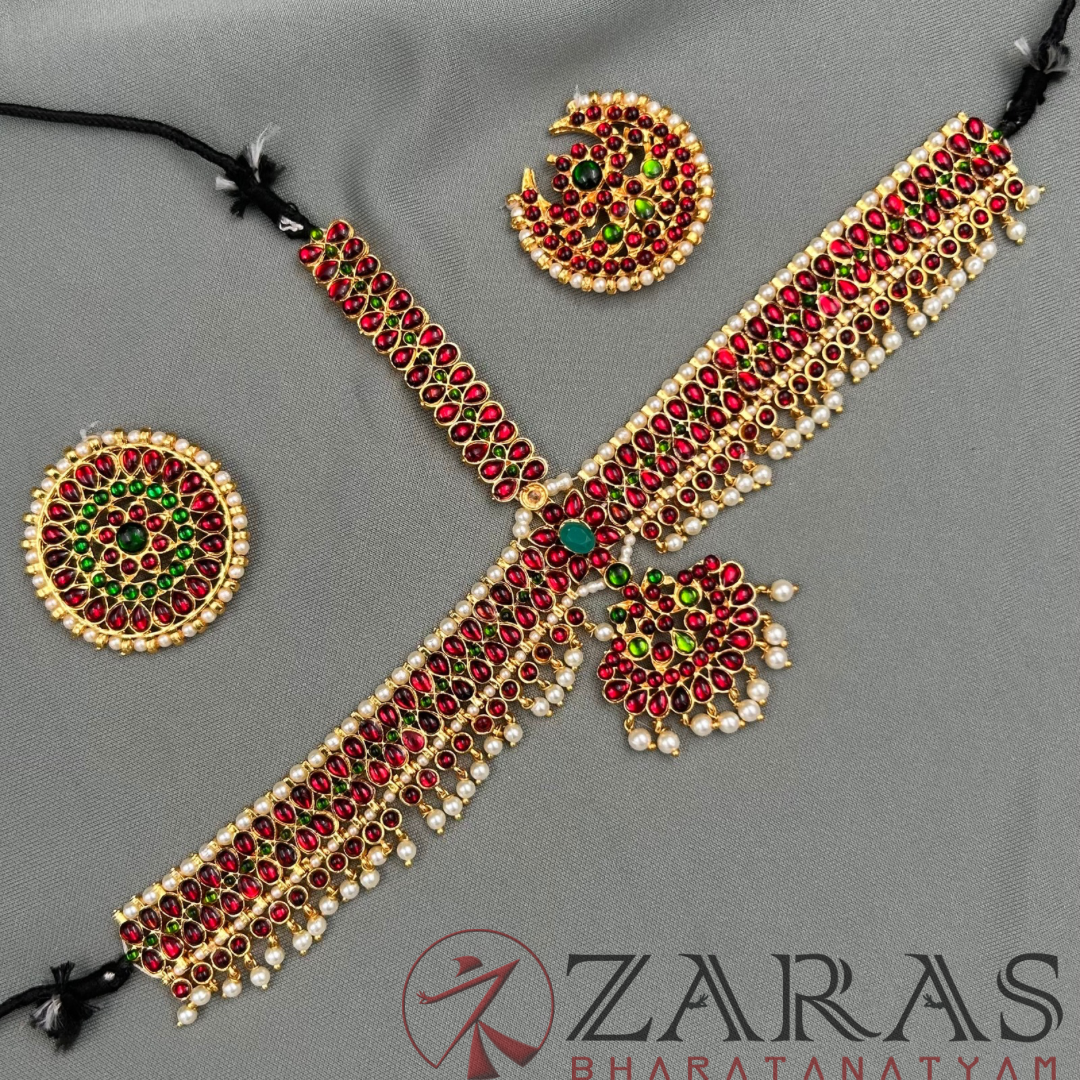 Bharatanatyam Dance Jewellery - Thilagam Design Red Green Kemp image 2