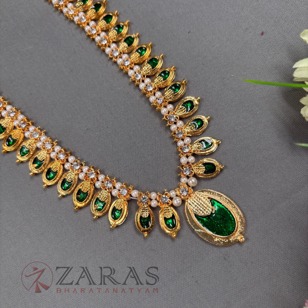Bharatanatyam Dance Jewellery Haaram - Flower Green Enamel CS Maalai / Long Haaram image 2