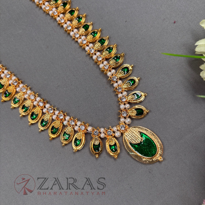 Bharatanatyam Dance Jewellery Haaram - Flower Green Enamel CS Maalai / Long Haaram image 2