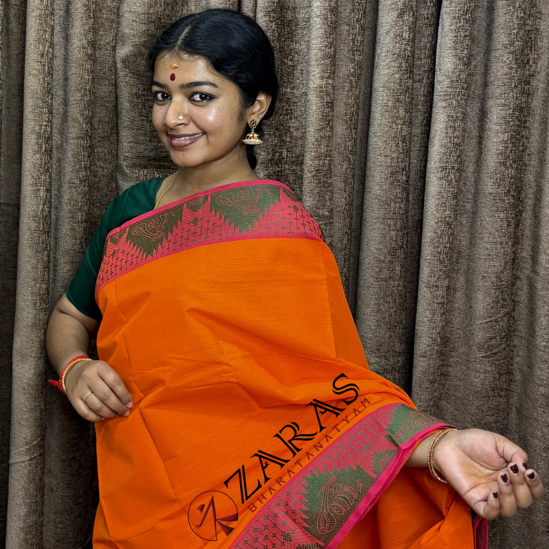 Bharatanatyam Dance Practice Saree - Orange Green Veena Border image 0