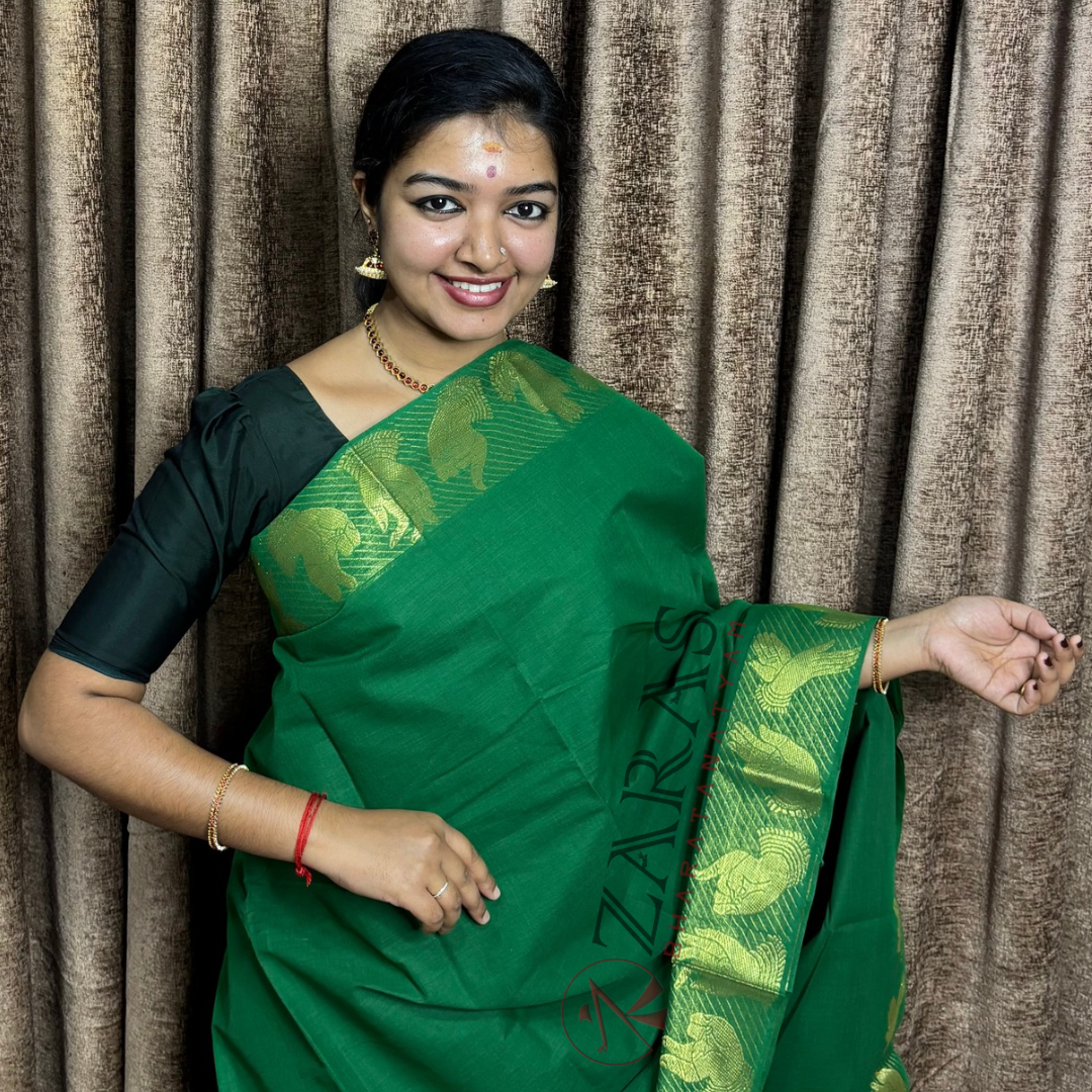 Bharatanatyam Dance Practice Saree - Green with Gold Mudra Border image 0