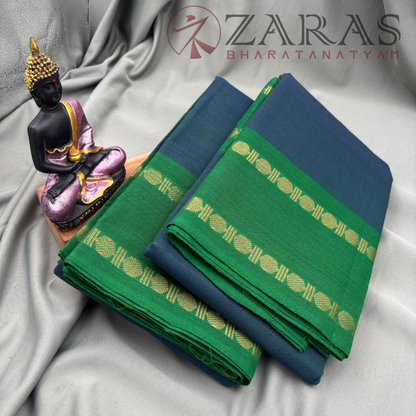 Bharatanatyam Dance Practice Saree - Peacock Blue with Green D Coin Border image 1