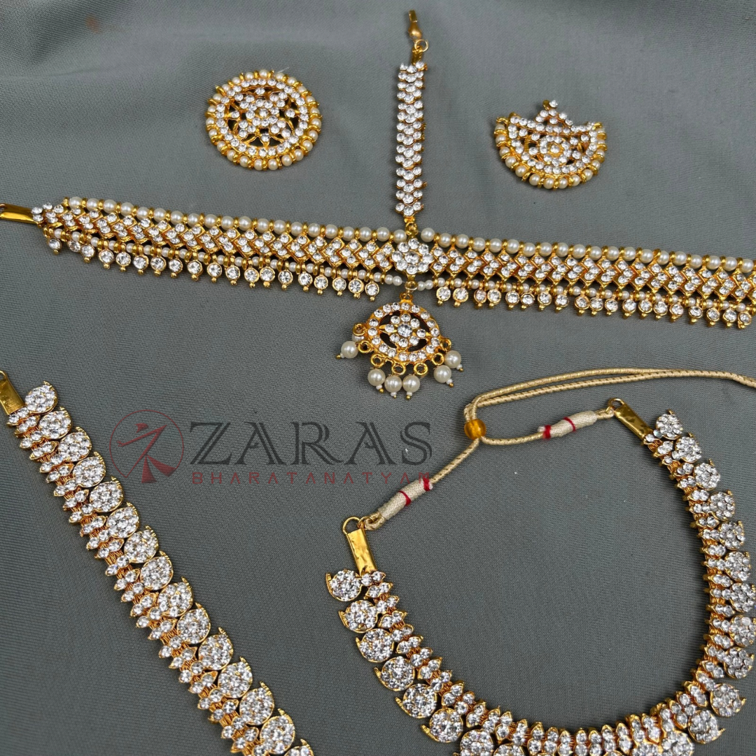 Bharatanatyam Dance Jewellery - Manga Design White Stone Full Set image 1