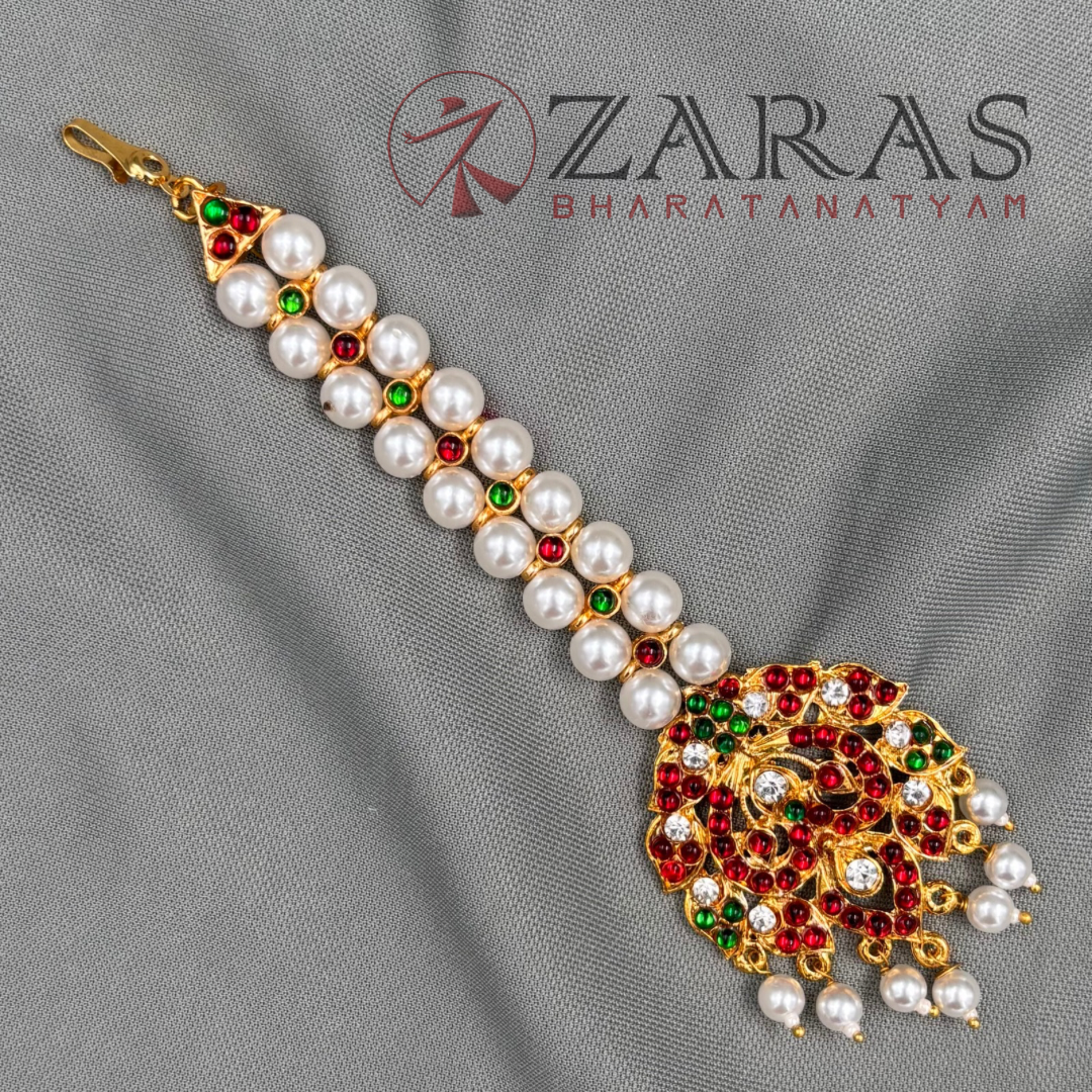 Bharatanatyam Dance Jewellery - Leaf RG Kemp Netti Chutti Bo 2 Line Pearls image 3