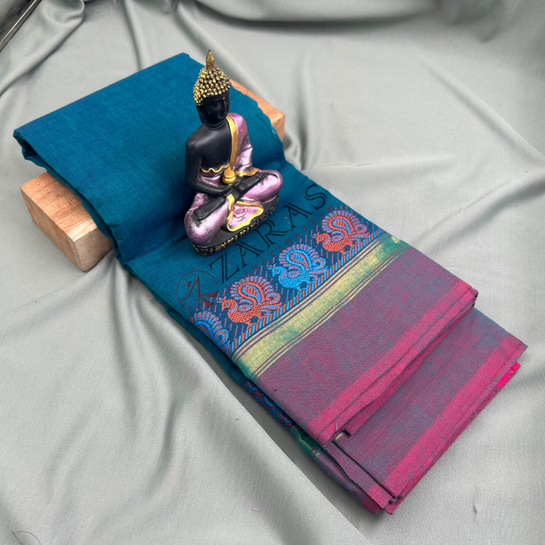 Bharatanatyam Dance Practice Saree - Blue with Pink Small Peacock Border image 0