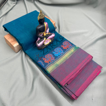 Bharatanatyam Dance Practice Saree - Blue with Pink Small Peacock Border image 0
