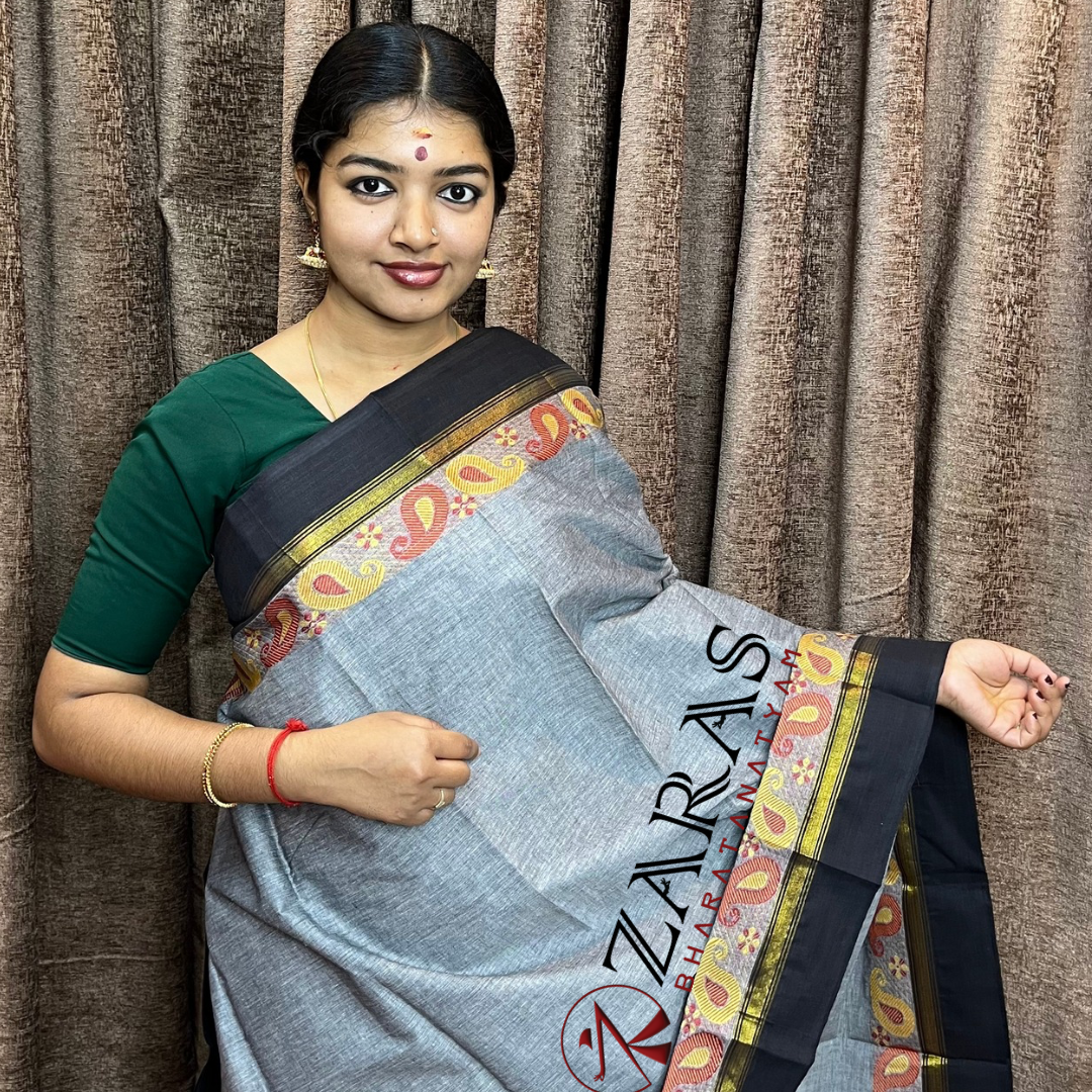 Bharatanatyam Dance Practice Saree - Grey Black Manga Border image 0