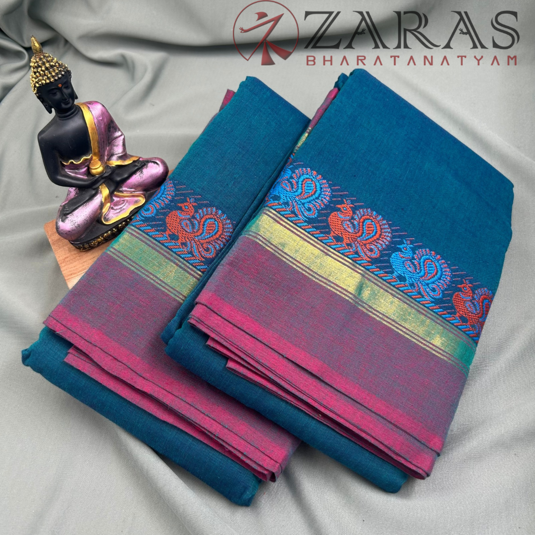 Bharatanatyam Dance Practice Saree - Blue with Pink Small Peacock Border image 1