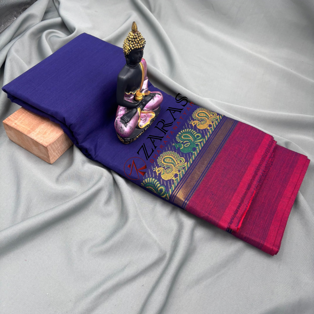 Bharatanatyam Dance Practice Saree - Blue D Red Small Peacock Border image 1