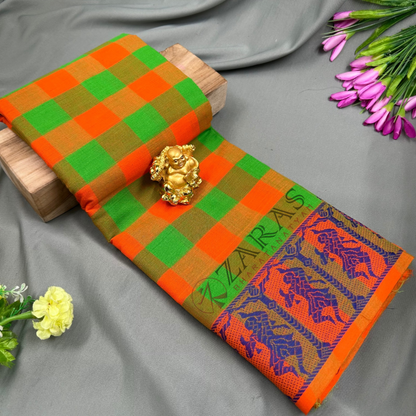 Bharatanatyam Dance Practice Saree - L Green with Orange Checked Doll Border image 0