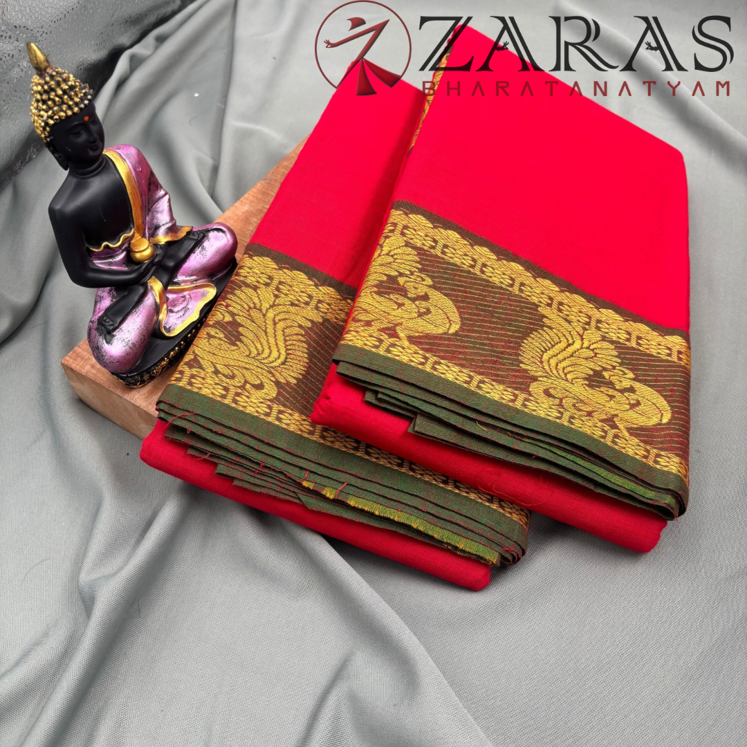 Bharatanatyam Dance Practice Saree - Red Green Peacock Border image 2