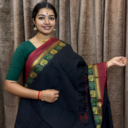 Bharatanatyam Dance Practice Saree - Black Red Small Peacock Border image 0