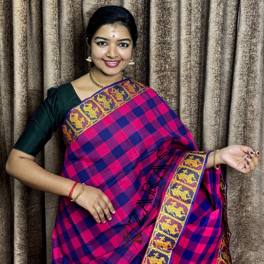 Bharatanatyam Dance Practice Saree - Pink and Blue Checked With Gold Doll Border image 0