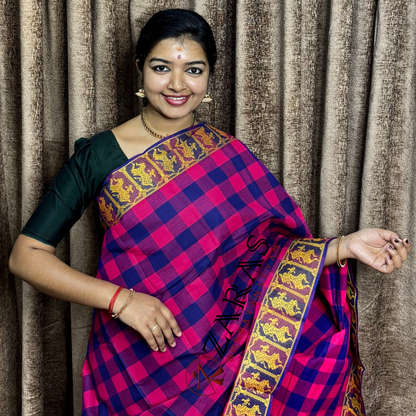 Bharatanatyam Dance Practice Saree - Pink and Blue Checked With Gold Doll Border image 0