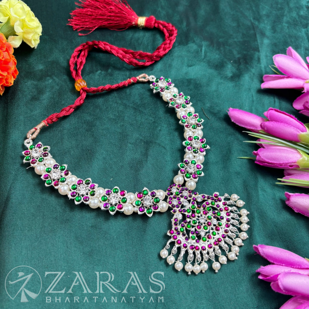 Bharatanatyam Dance Silver Jewellery - Peacock & Flower Necklace PG Kemp CS image 0