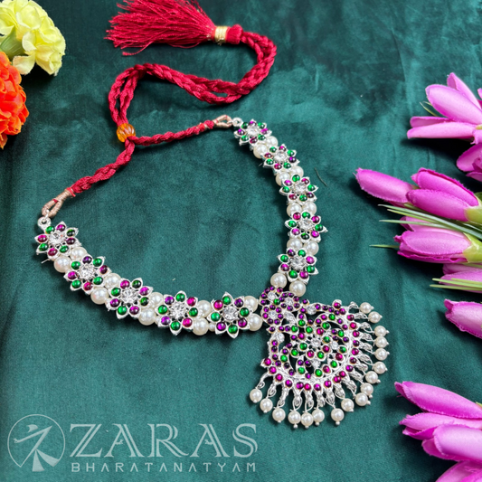 Bharatanatyam Dance Silver Jewellery - Peacock & Flower Necklace PG Kemp CS image 0