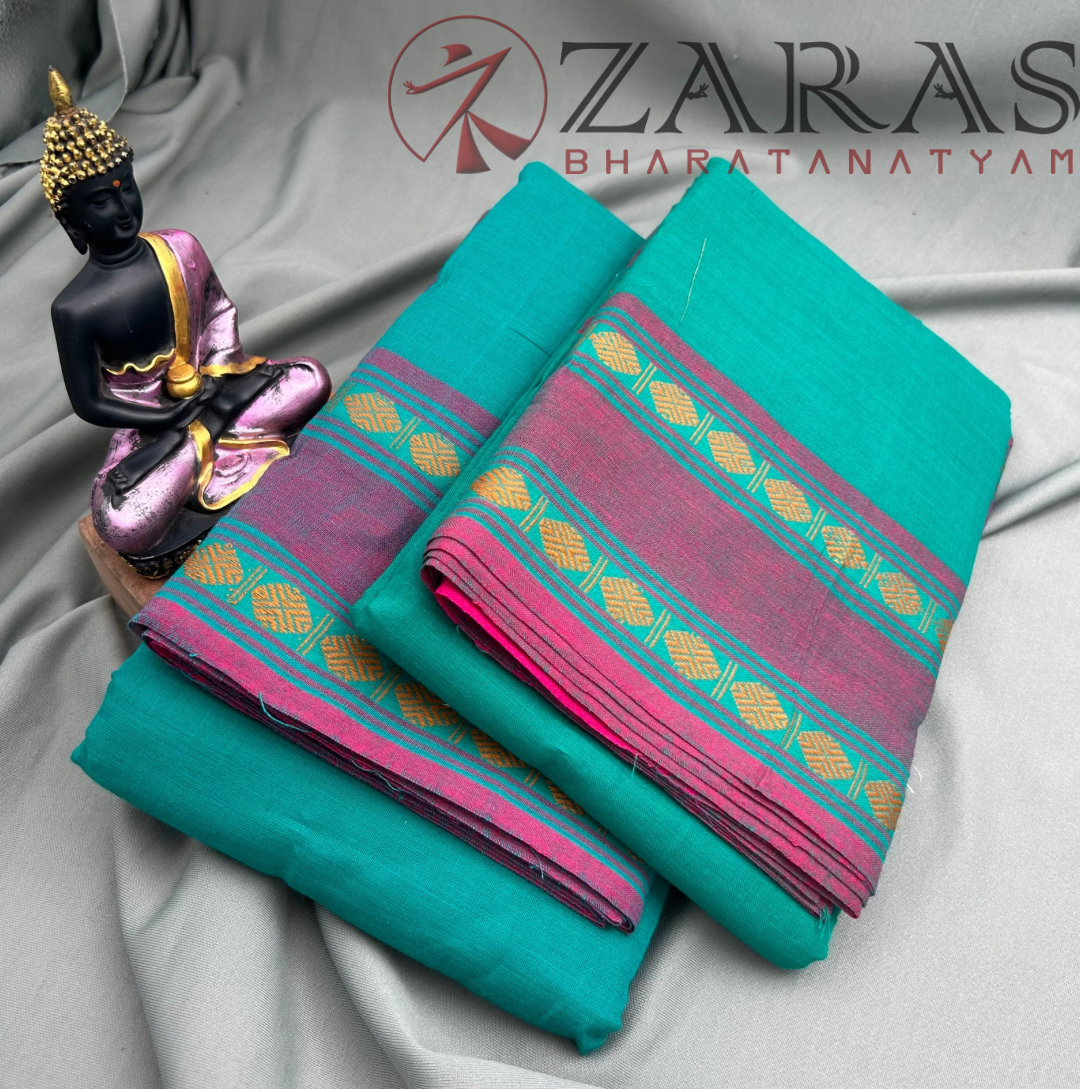 Bharatanatyam Dance Practice Saree - Sea Green with Pink D Coin Border image 1