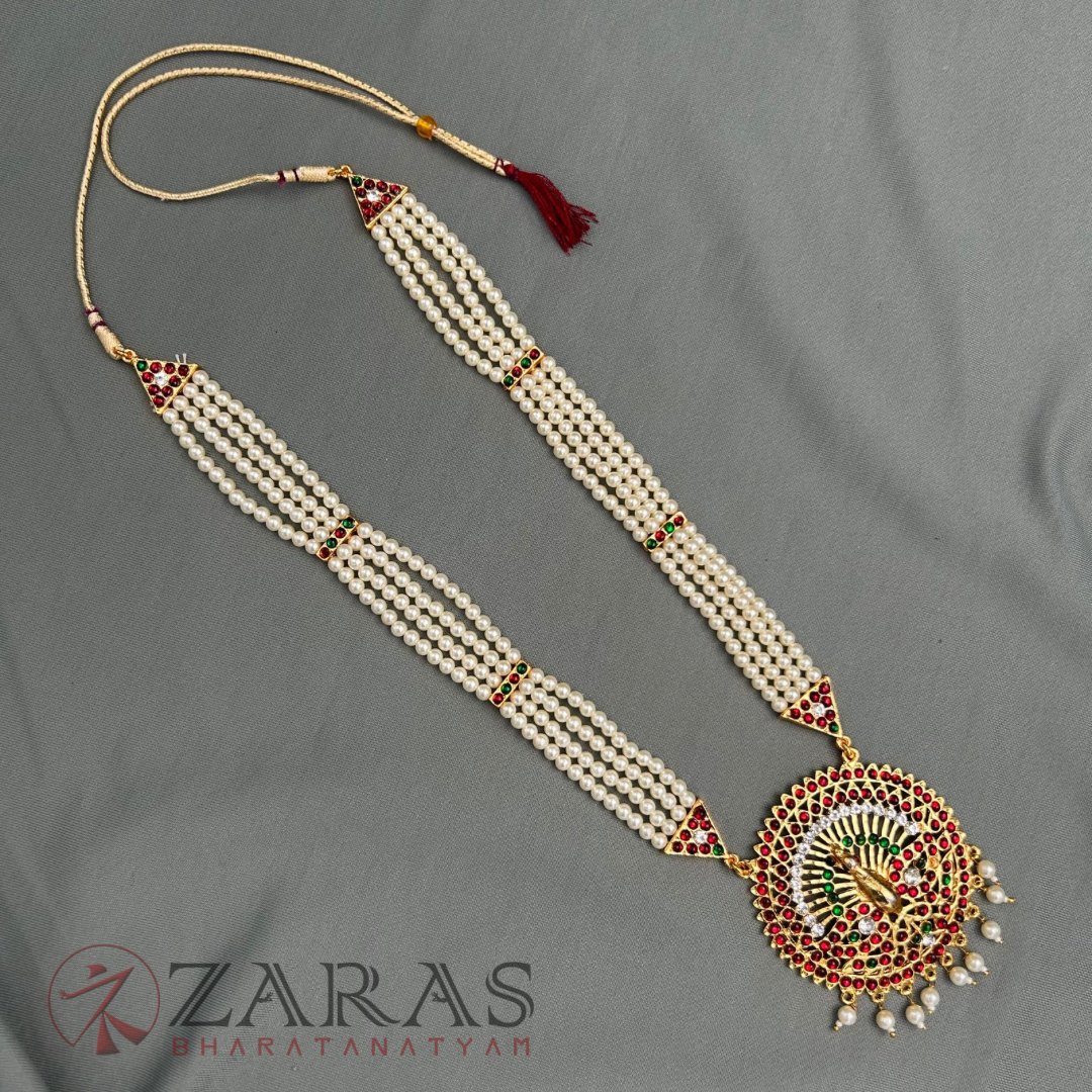 Bharatanatyam Dance Jewellery - 4 Lines Beads with Peacock Haaram / Long Chain image 2