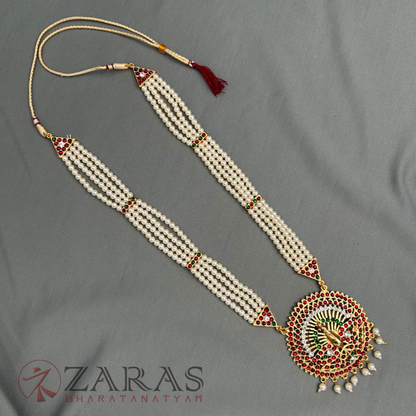 Bharatanatyam Dance Jewellery - 4 Lines Beads with Peacock Haaram / Long Chain image 2