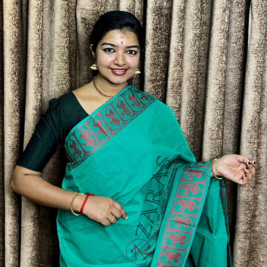 Bharatanatyam Dance Practice Saree - Cyan Green Red Doll Border image 0