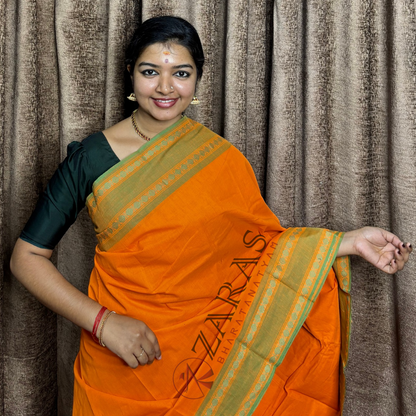 Bharatanatyam Dance Practice Saree - Orange with Green Coin Border image 0