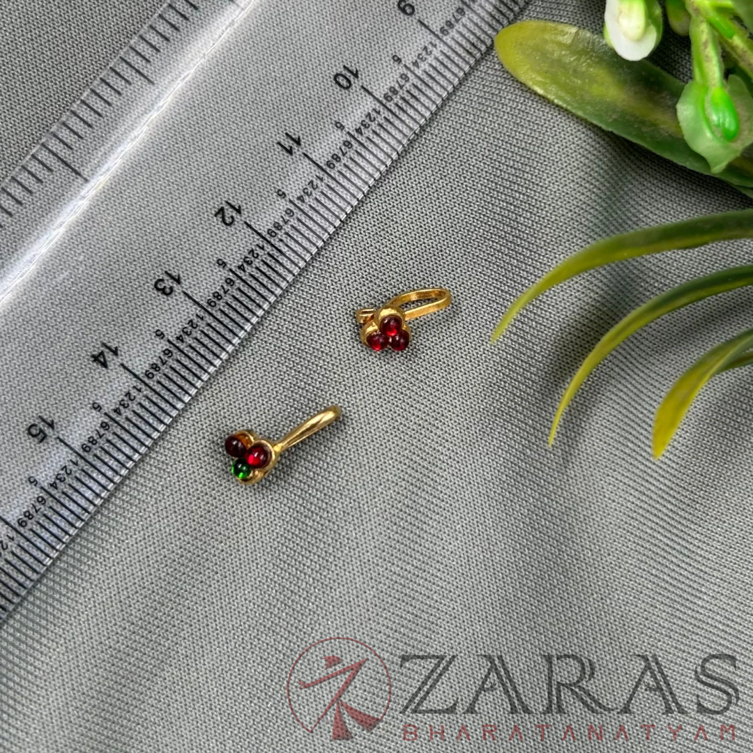Bharatanatyam Dance Jewellery - Nose Pin Red Green Kemp (Set of 2 Pcs) image 2
