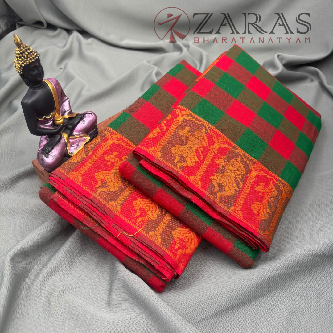 Bharatanatyam Dance Practice Saree - Green With Red Checked With Gold Doll Border image 2