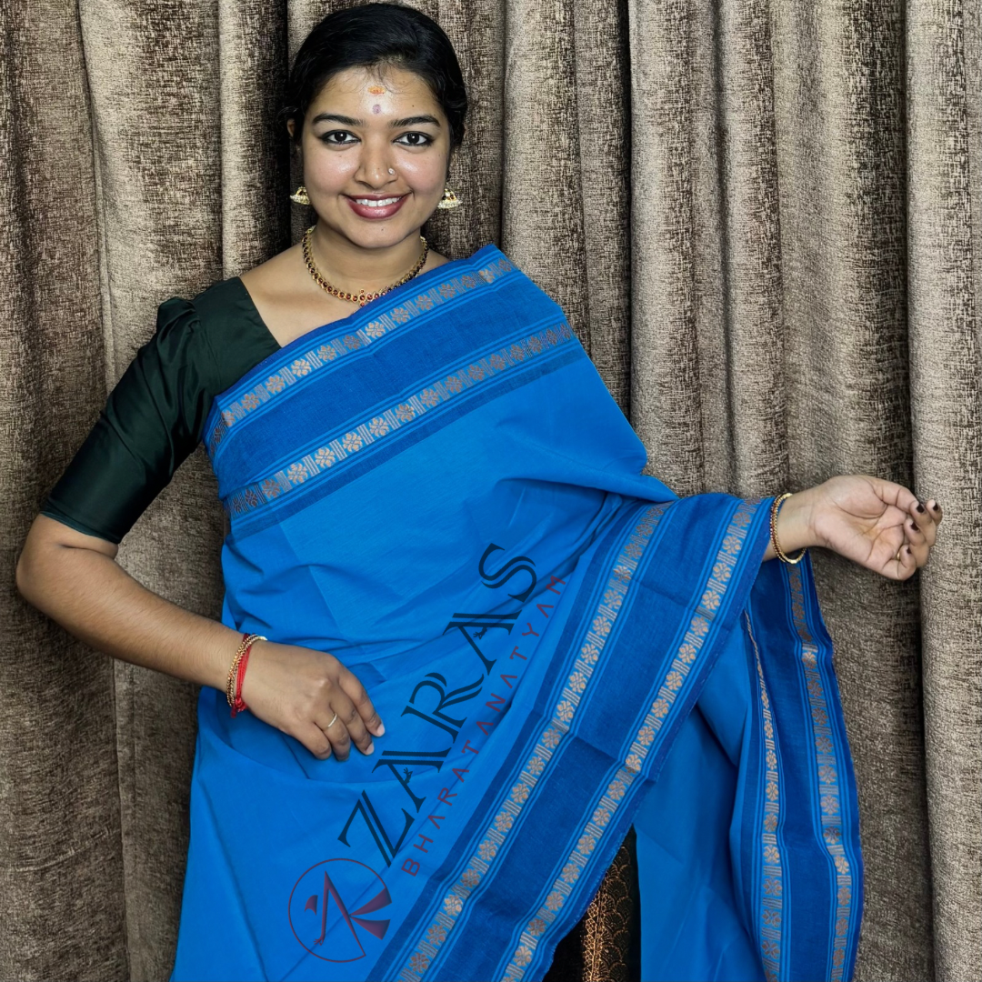Bharatanatyam Dance Practice Saree - L Blue with Blue Double Flower Border image 0