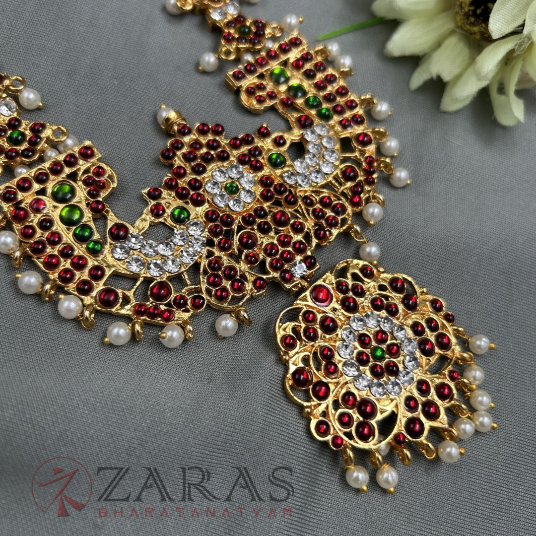 Bharatanatyam Dance Jewellery - Peacock Flower RG Kemp Haaram / Long Chain image 2