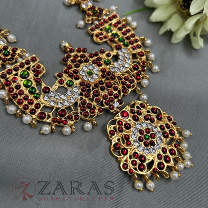 Bharatanatyam Dance Jewellery - Peacock Flower RG Kemp Haaram / Long Chain image 2